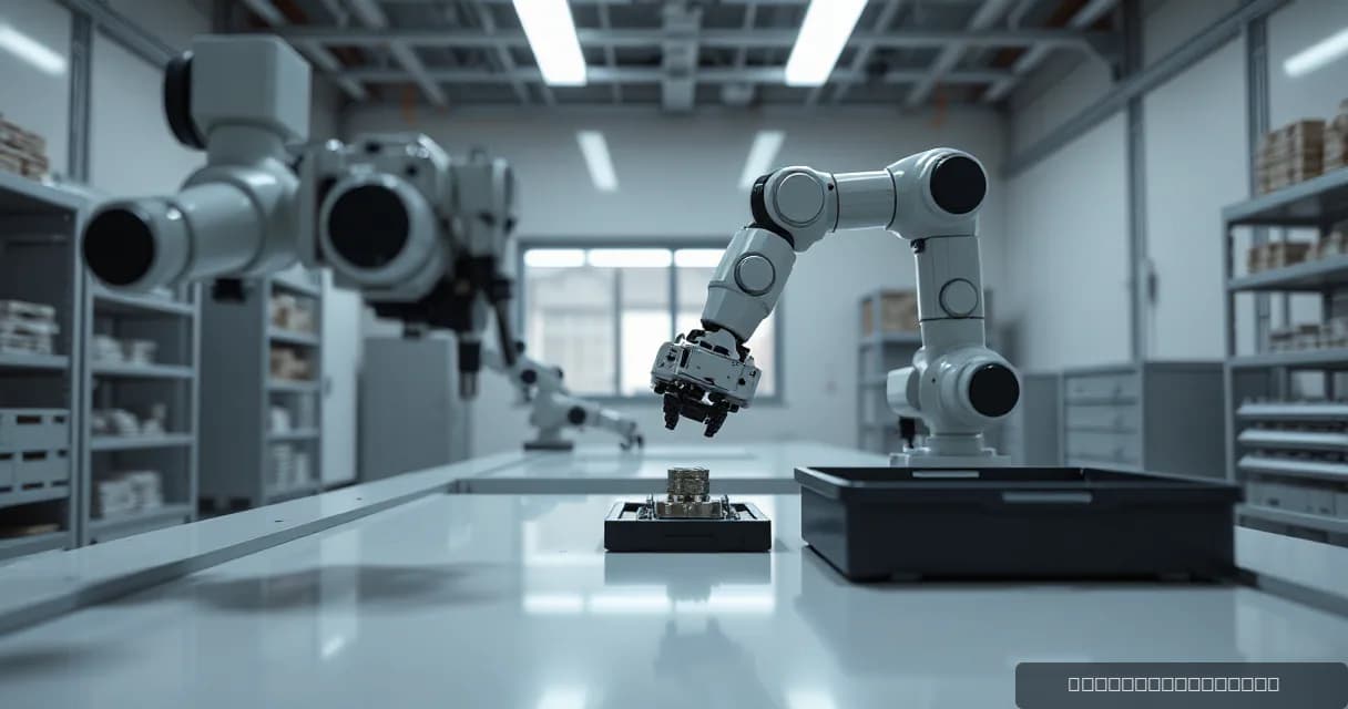 A robotic arm sorts components into trays while another arm tests its camera-guided grip in a clean robotics lab setting.