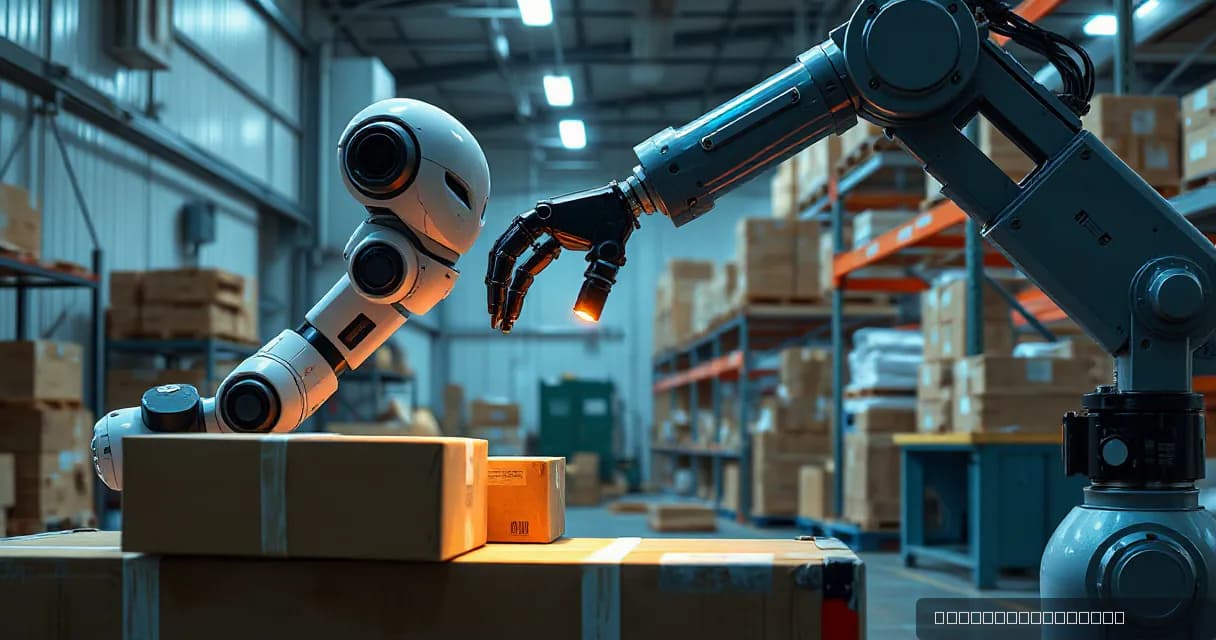 An autonomous warehouse robot sorts unmarked parcels through three physical checks while an operations mechanical service arm observes the final verified handoff in a realistic scale within a working warehouse environment, using natural proportions, restrained detail, and cool ambient light with one