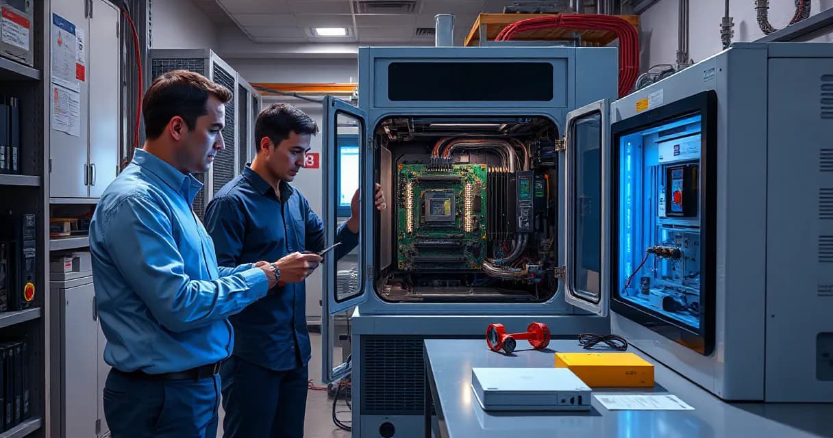 Two engineers are examining an open machine housing an accelerator card within an AI laboratory setting. The surrounding area includes cooling units and various equipment, emphasizing the technical and analytical nature of their work.