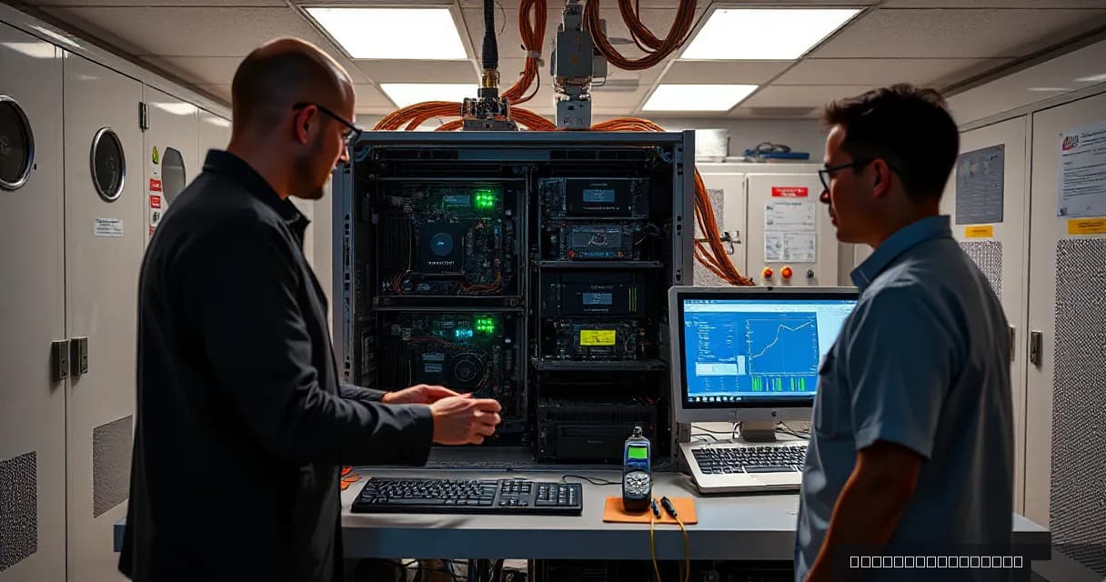 Two technicians are working on an open server rack in a hardware laboratory. One is installing accelerator cards while the other measures the upgraded machine under realistic load.