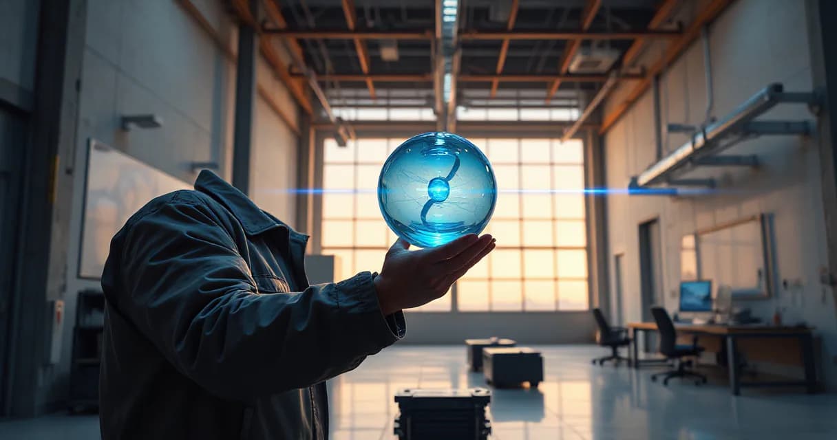 A person in an industrial setting holds a glowing blue sphere, symbolizing advanced digital security. The environment is clean with minimalistic furniture, emphasizing focus on the metaphorical representation of AI protection.