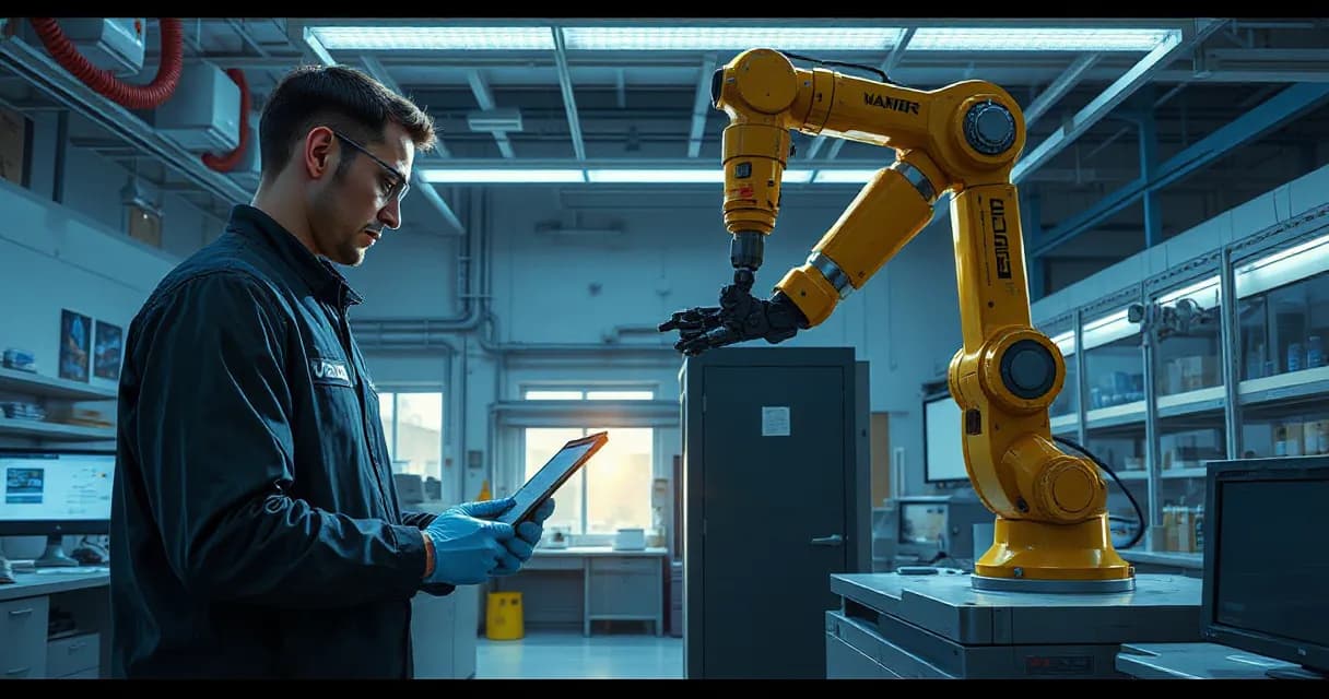 An engineer in a lab coat interacts with advanced robotic equipment while another technician observes nearby. The setting is a modern laboratory filled with technological apparatuses under bright overhead lights.