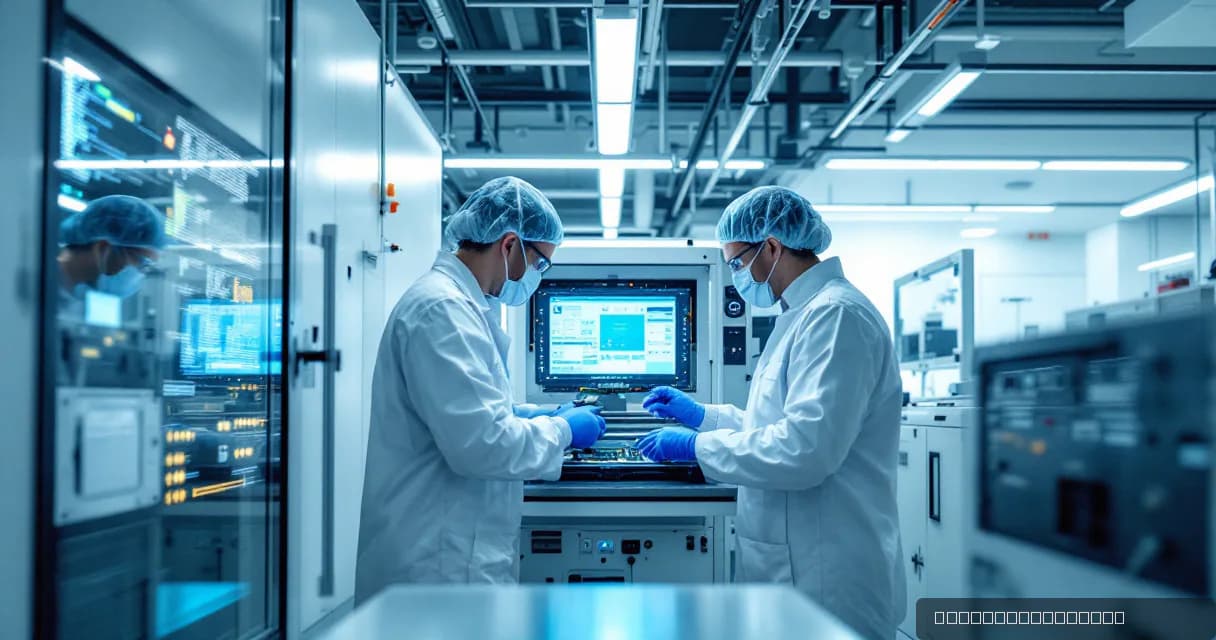 Two engineers in protective lab attire are testing an accelerator card within a modern AI laboratory setting, emphasizing technological development and precision work.