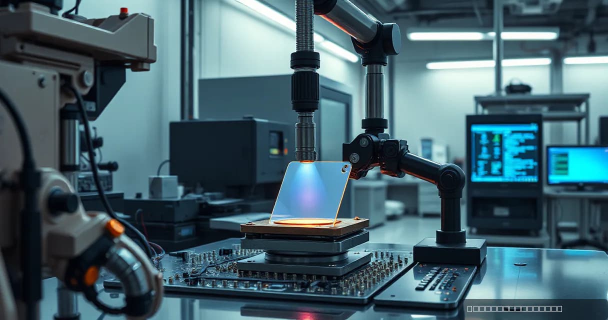A high-tech laboratory where an automated robotic arm tests the installation of new accelerator cards on a circuit board, symbolized by a silicon wafer meeting light in a precision workbench setting.