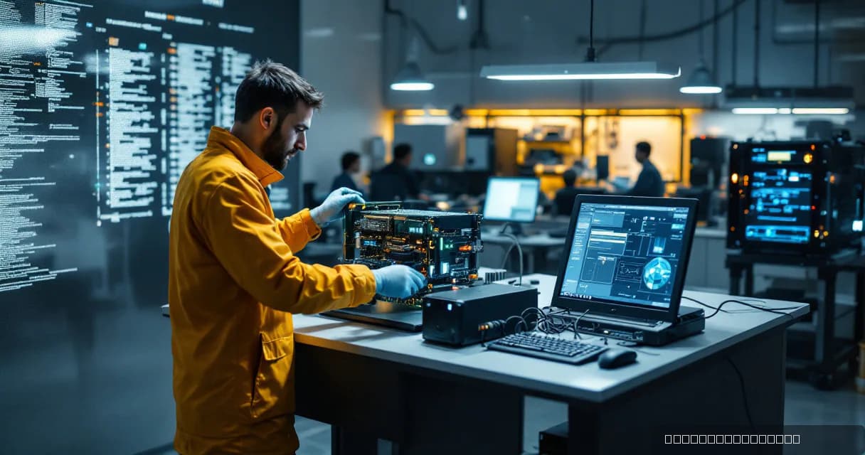 A technician in an orange jumpsuit works on a piece of hardware in a modern laboratory setting with large screens displaying code in the background.