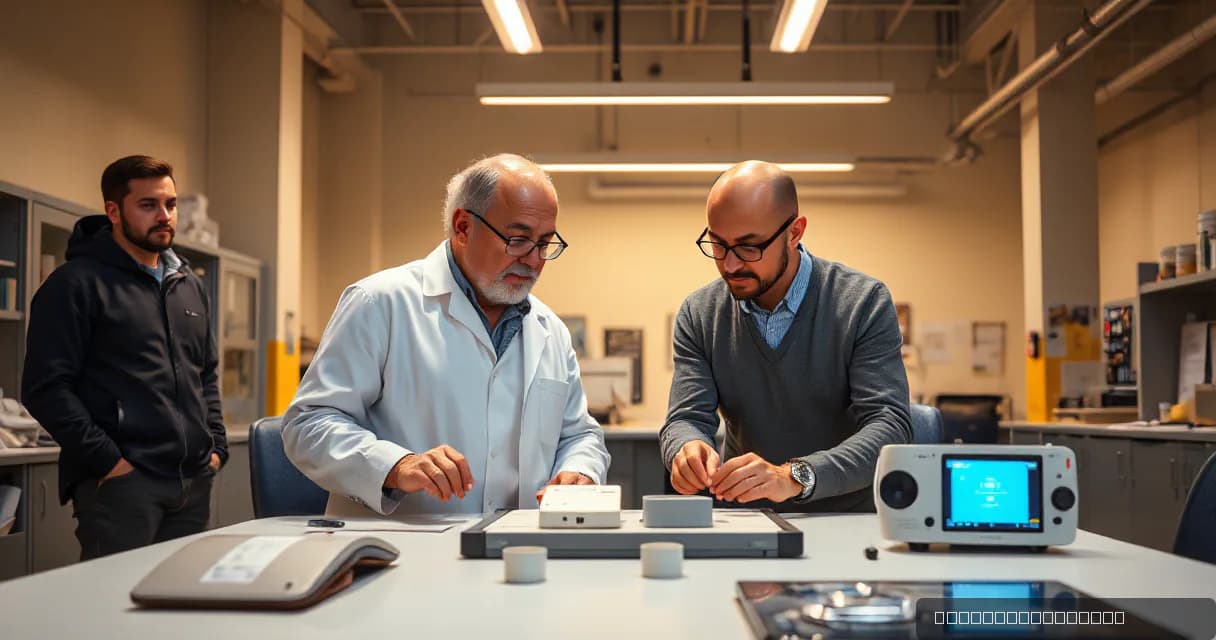 In a quiet academic laboratory, an older researcher in a lab coat and an engineer in casual attire are focused on comparing two plain physical models placed on a table. Their colleagues observe from the side, adding to the scene's realistic depth without overshadowing the central action.
