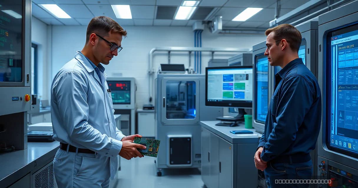 Two engineers in an AI lab test an accelerator card while a cooling unit operates nearby. The environment is modern and industrial, with clean surfaces and advanced equipment.