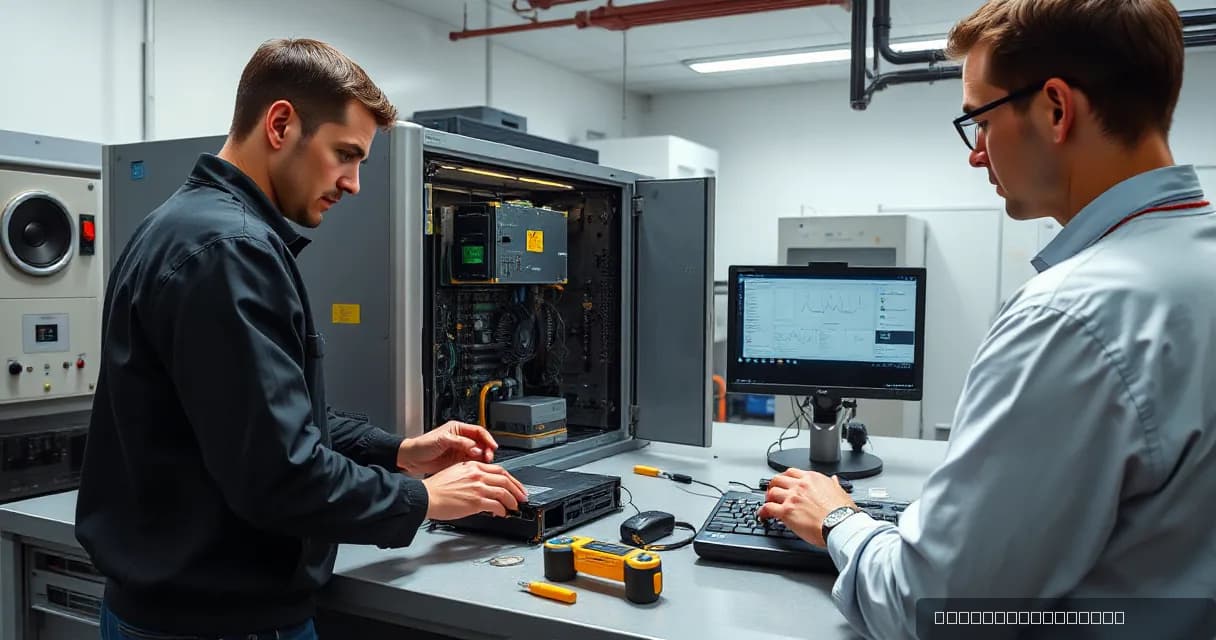 Two individuals in a hardware laboratory setting where one is installing an accelerator card on an open test bench while the other measures the upgraded machine under realistic load.