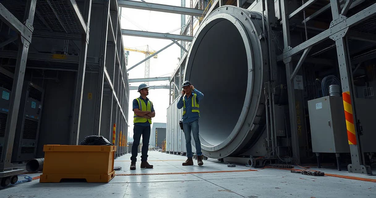Two technicians in safety gear guide a large smooth cooling duct into place at an active data center construction site under industrial lighting.