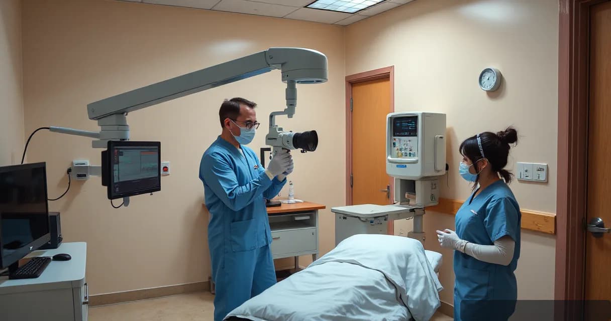In a quiet hospital examination room, a clinician examines a patient while a technician adjusts a diagnostic camera and a nurse observes the procedure.