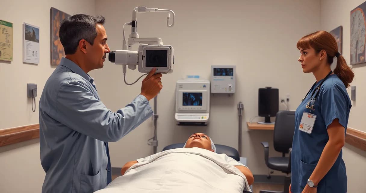 In a quiet hospital examination room, a clinician examines a patient while adjusting an AI-assisted diagnostic camera. A nurse observes the procedure, symbolizing the integration of artificial intelligence in healthcare strategies.