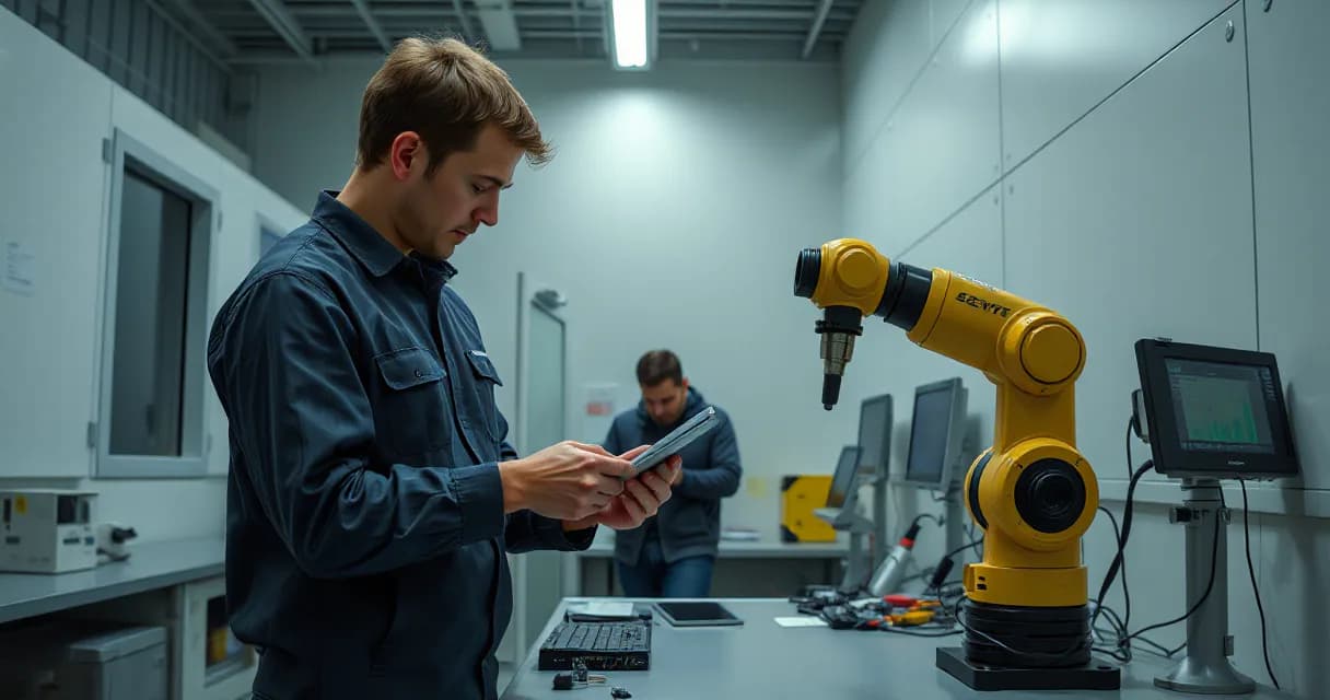 An engineer installs an accelerator card while a technician tests a robotic arm in a modern AI laboratory setting, demonstrating the integration of artificial intelligence technology into practical applications.
