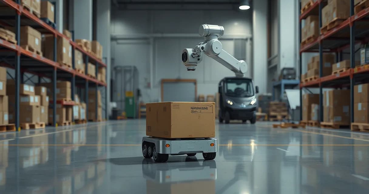 A mobile warehouse robot collects, scans, and delivers an unmarked parcel in a real warehouse setting while a mechanical service arm observes the completed multi-step task. The scene is captured candidly without people or office elements, focusing on the precise robotic action within a clean industr