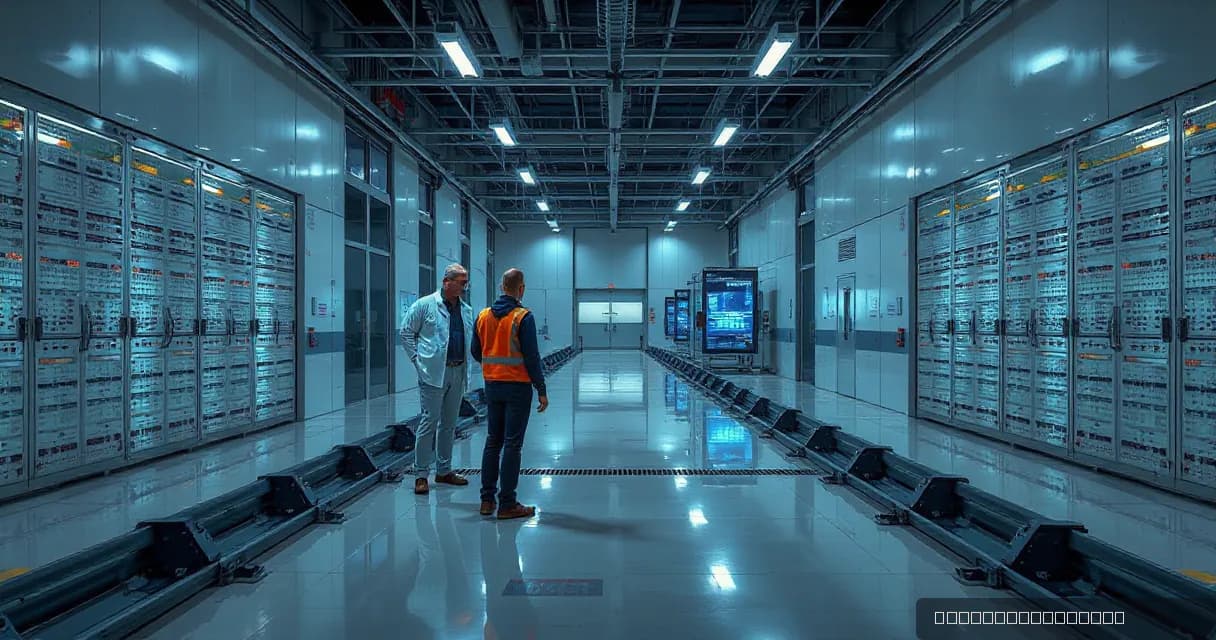 Two individuals in a research laboratory setting, one testing a protective stop on a test track while another checks the safe boundary, emphasizing safety engineering within AI software development.