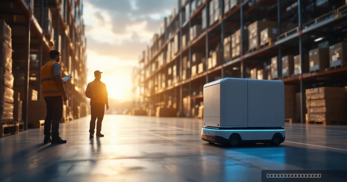 A mobile warehouse robot in action within a large warehouse, collecting, scanning, and delivering a parcel while two technicians observe. The scene is bathed in warm sunlight, emphasizing modern technology in logistics.