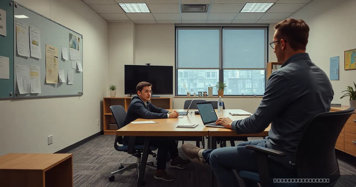 In a quiet office training room, an anonymous trainee rehearses a tense meeting across a table while a workplace coach observes and prepares the next scenario. The scene is set against soft overcast daylight with crisp local contrast on the subjects, using a palette of fog grey, deep teal, paper whi