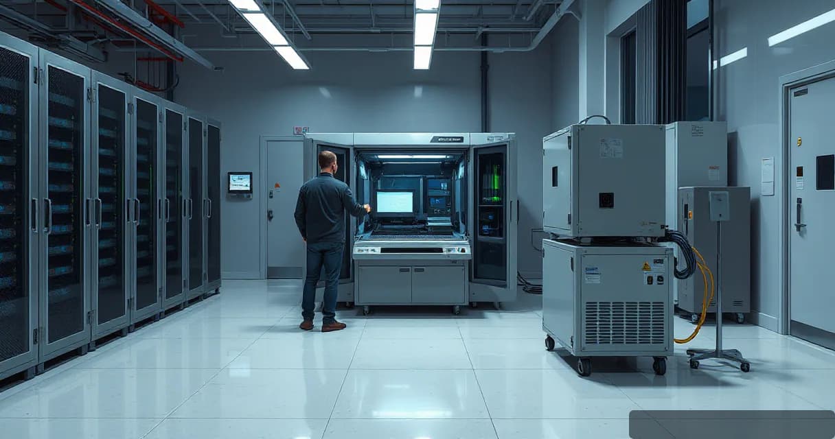 Two engineers are testing accelerator cards in an AI laboratory while a cooling unit operates beside them, symbolizing the integration of two technological streams into a unified secure digital element.
