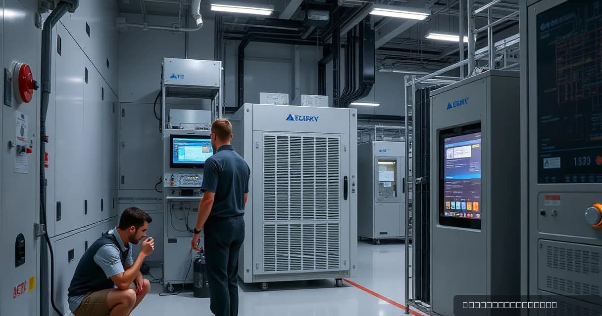 Two engineers are working inside a modern chip fabrication facility. One is installing an accelerator card beside a large cooling unit, while the other tests equipment under load. The scene symbolizes the integration of different technological spheres for complex microelectronics development.
