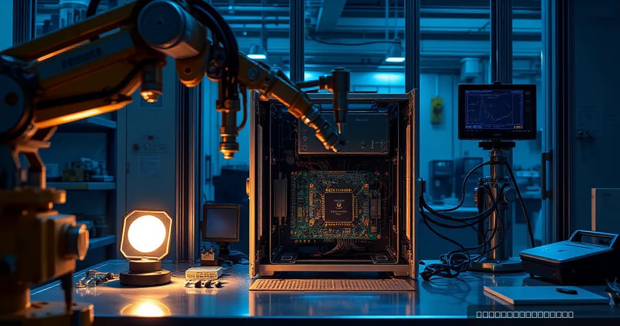 A mechanical service arm installs one accelerator card into a relay cabinet while an calibration mechanism tests the upgraded machine under realistic load. The scene is set in a precision facility laboratory with industrial lighting, emphasizing the high-tech nature of AI software development.