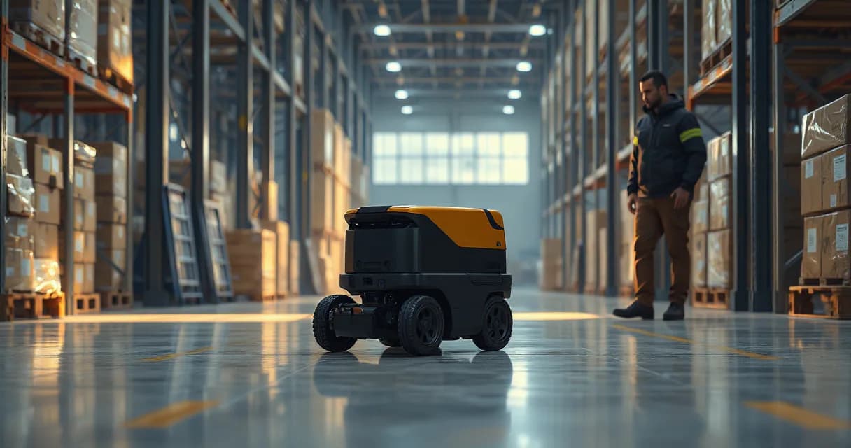 A mobile warehouse robot operates within a large industrial warehouse, collecting, scanning, and delivering one unmarked parcel while a technician observes its multi-step task in progress.
