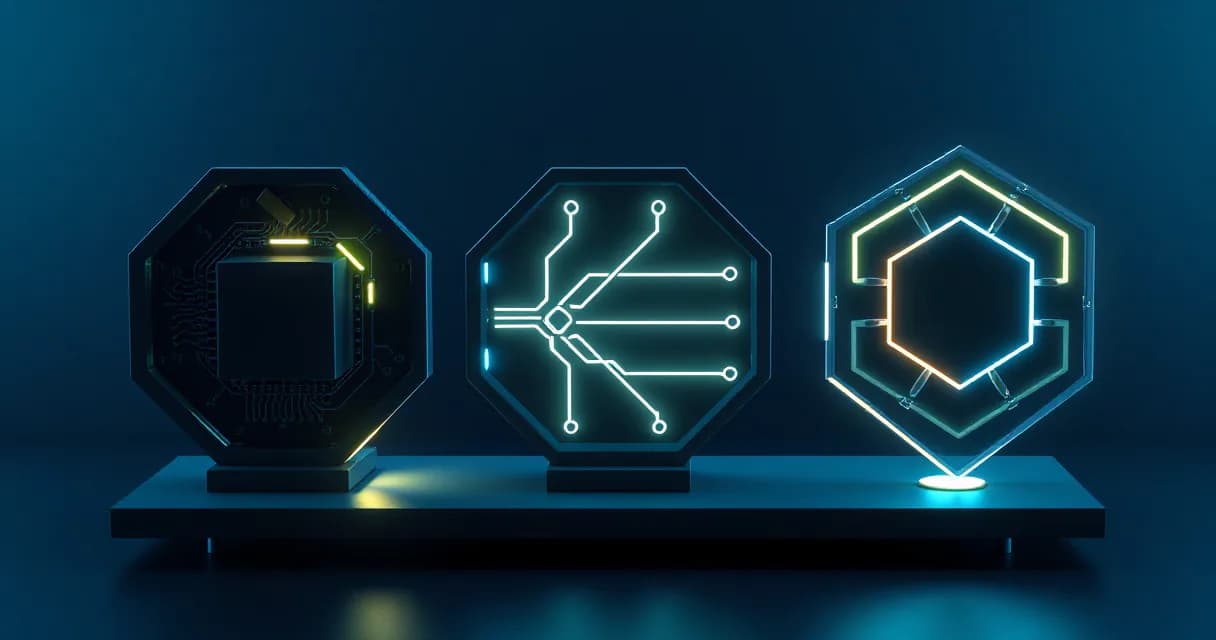 Three glowing hexagonal computing units on a dark platform, each featuring unique internal circuitry patterns in blue and lime light.