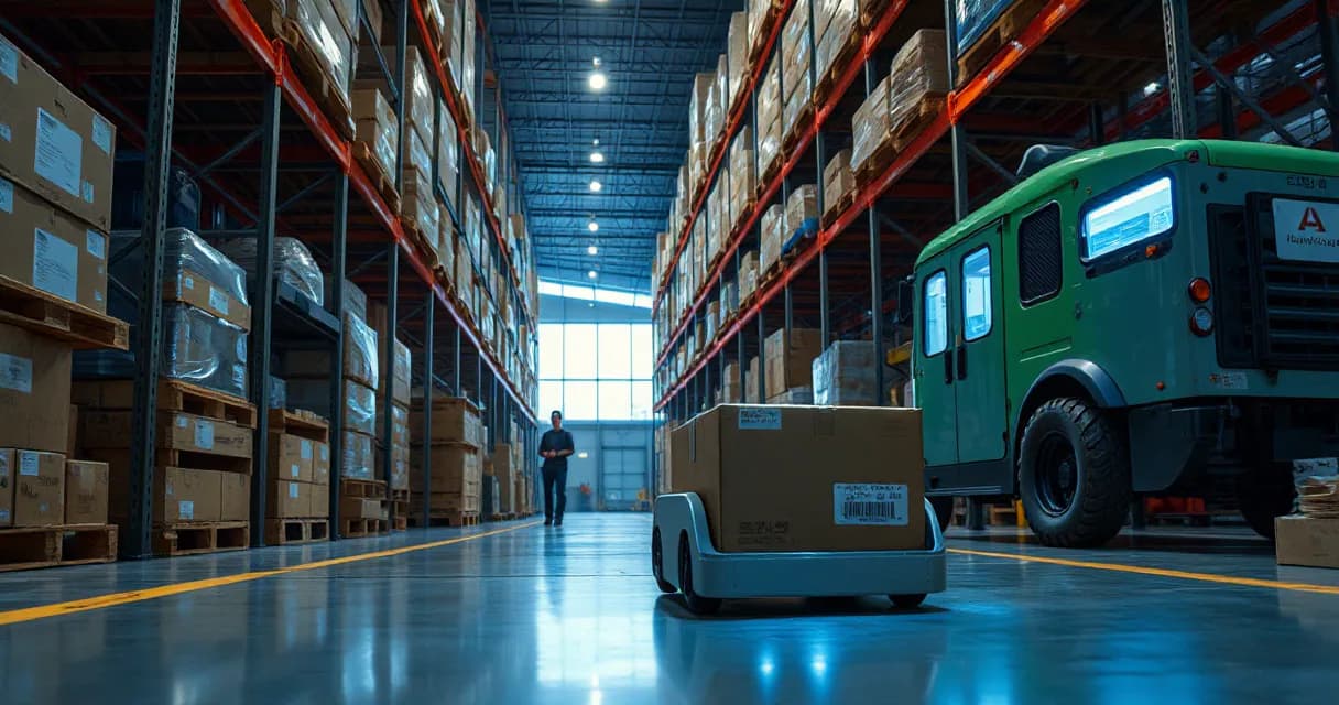 A mobile warehouse robot delivers a parcel in an industrial warehouse setting while a technician observes its operation.