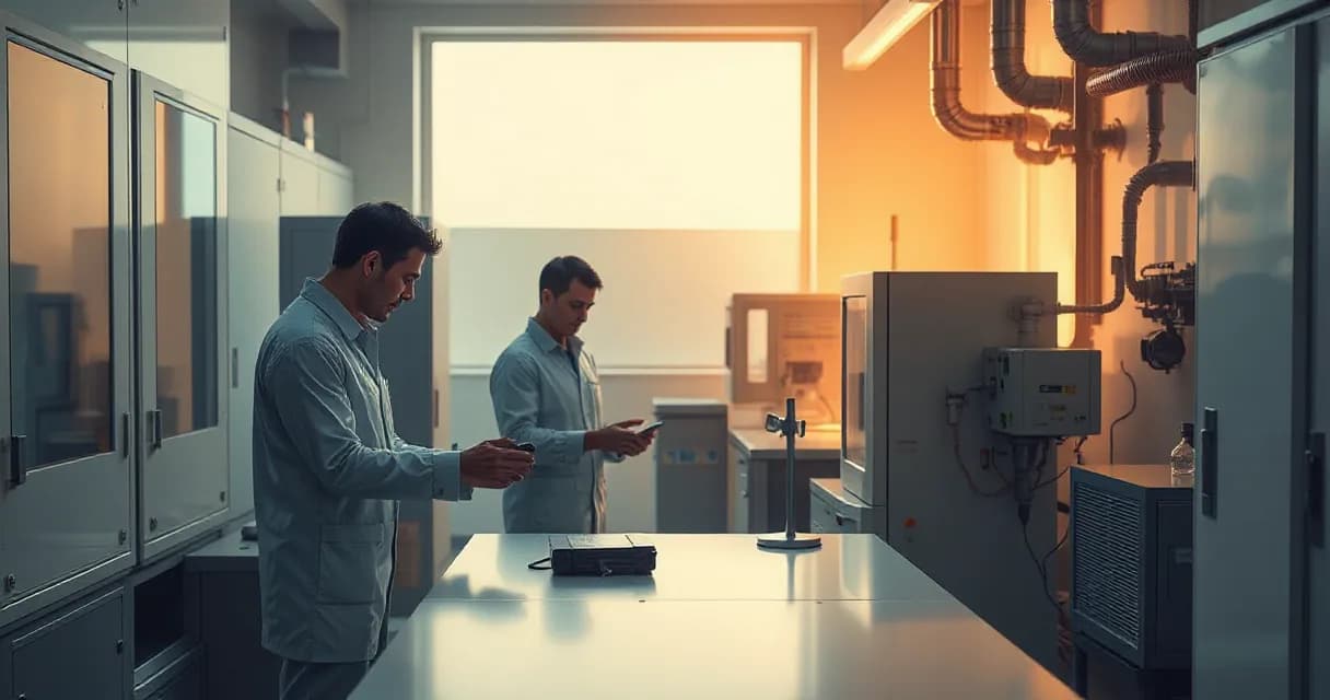 Two engineers in lab coats are testing an accelerator card within an open machine in an AI laboratory setting. The scene is illuminated by early-morning side light, creating atmospheric depth and emphasizing their focused actions.