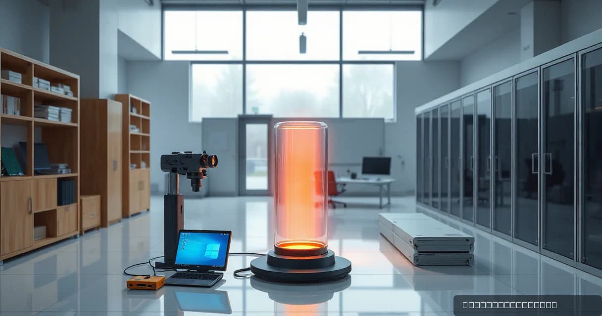 A finely tuned optical instrument bends a narrow beam of light through layered translucent glass, revealing a new path without any interface or diagram in an AI development workspace. The setting includes shelves, servers, and a laptop, emphasizing the technological environment.