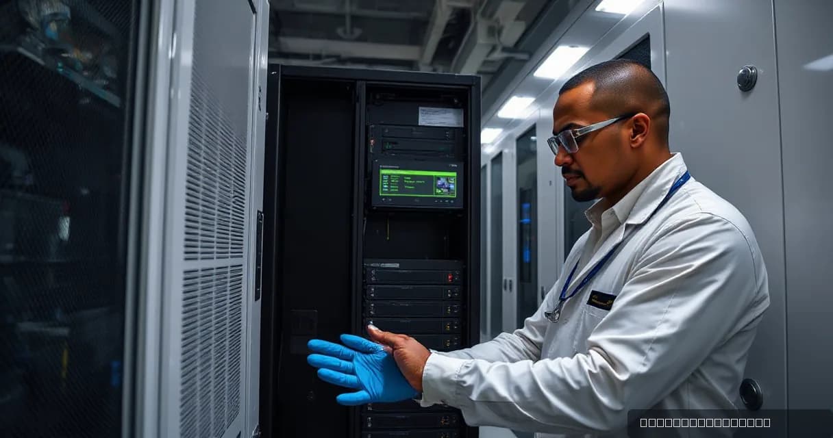 A technician in a white lab coat and blue gloves works inside an open server rack within a data center, with other server racks visible in the background. The scene is well-lit with cool ambient light and warm practical accents at the action area.