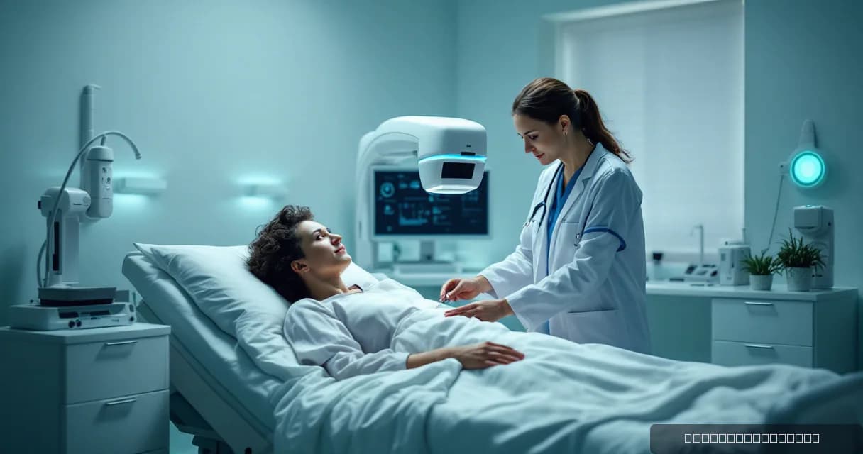 A clinical examination room where a doctor in white attire interacts with a patient lying on a bed. A technician calibrates a diagnostic camera beside the bed, while medical equipment is visible in the background.