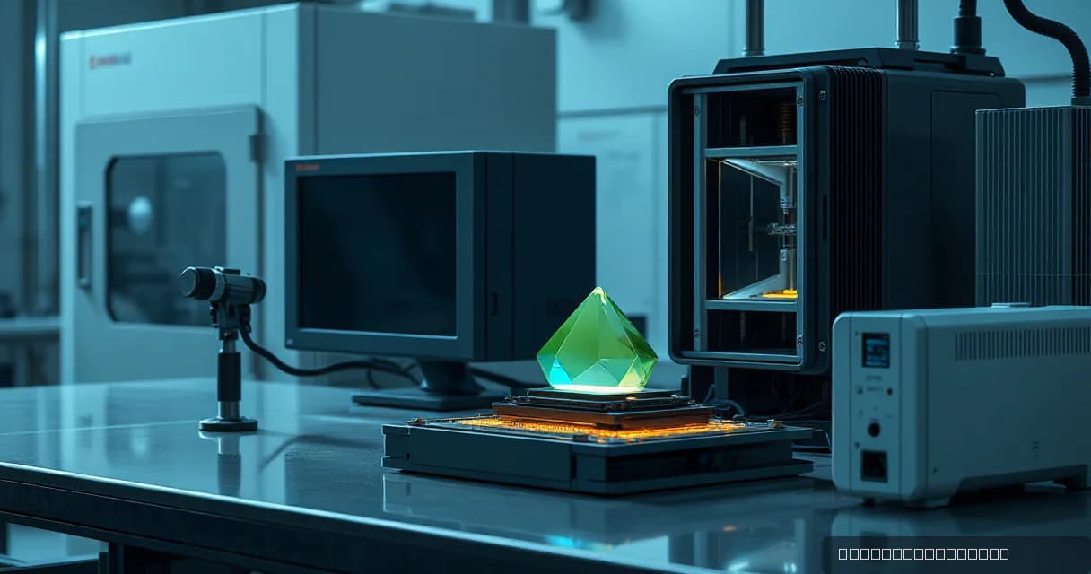 An AI laboratory scene featuring two calibration mechanisms testing an accelerator card within an open machine while a cooling unit operates beside it. A silicon prism is prominently displayed on a precision workbench, symbolizing the focus of the development process.