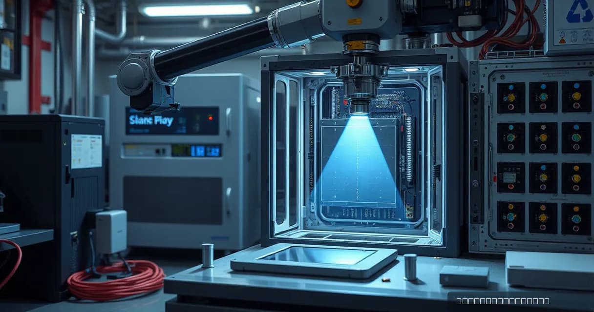 A mechanical service arm installs an accelerator card into a relay cabinet in a precision facility laboratory, symbolized by a silicon wafer meeting a prism of light on a workbench.