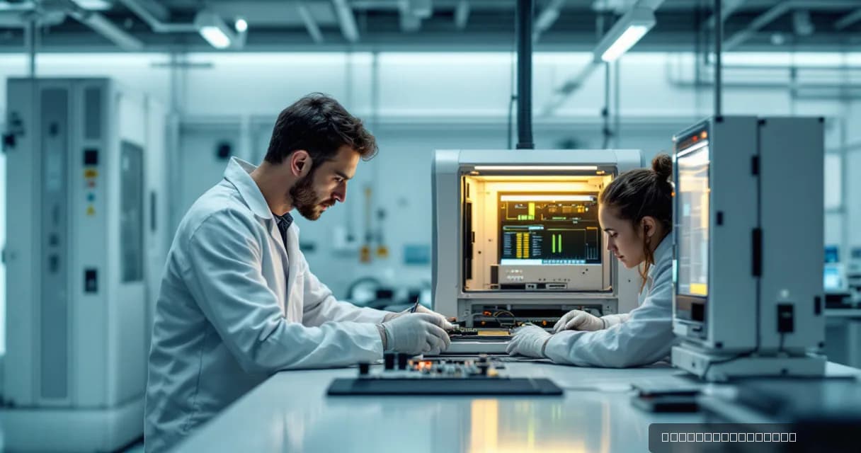 Two engineers in lab coats work collaboratively at an AI testing bench. They are focused on testing an accelerator card, with a cooling unit running beside them. The setting is a modern laboratory with advanced equipment, emphasizing technological development.