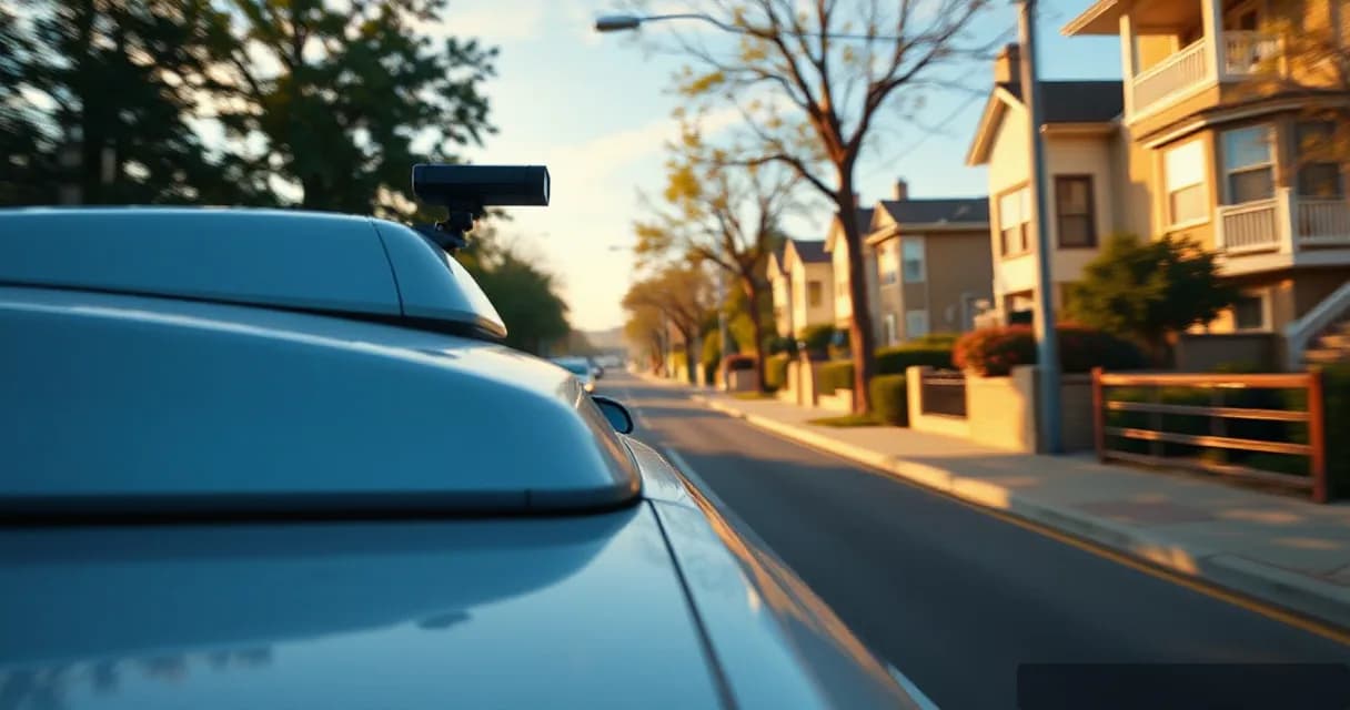 A mapping vehicle equipped with a roof-mounted camera rig drives past a residential street during sunset, symbolizing the use of artificial intelligence for urban planning and housing assessment.