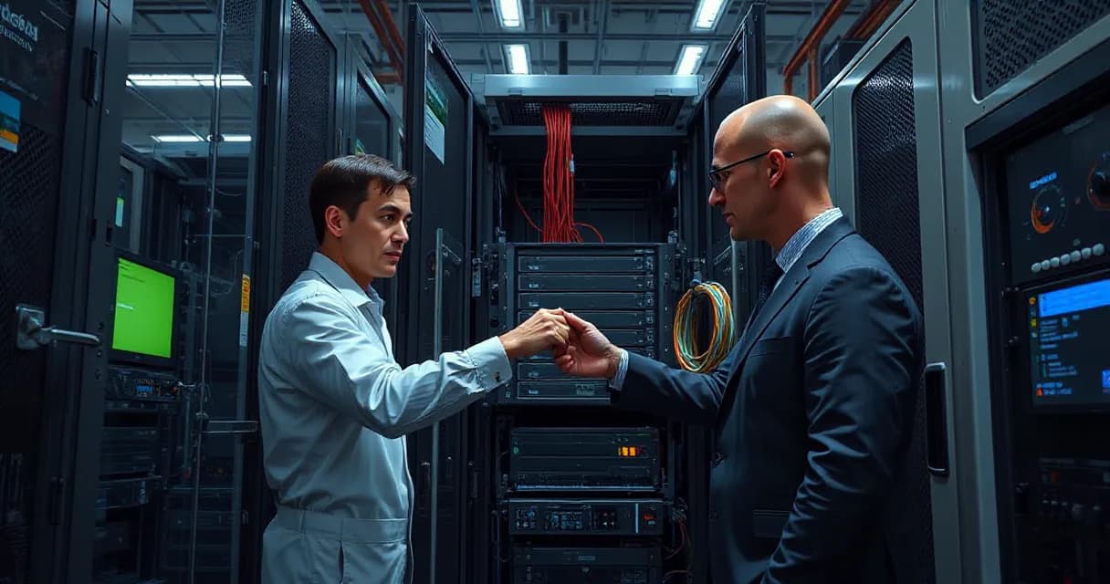 Two individuals in a data center laboratory; one is installing accelerator cards into a server rack while the other tests the upgraded machine under realistic load.