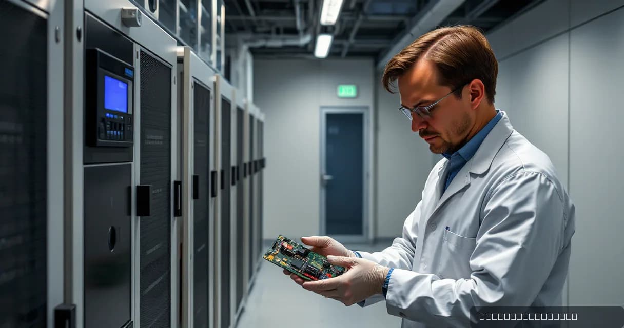 A technician in a lab coat and gloves is examining an accelerator card while standing next to server racks in a data center. The environment suggests maintenance or calibration work, emphasizing technical precision and modern technology.