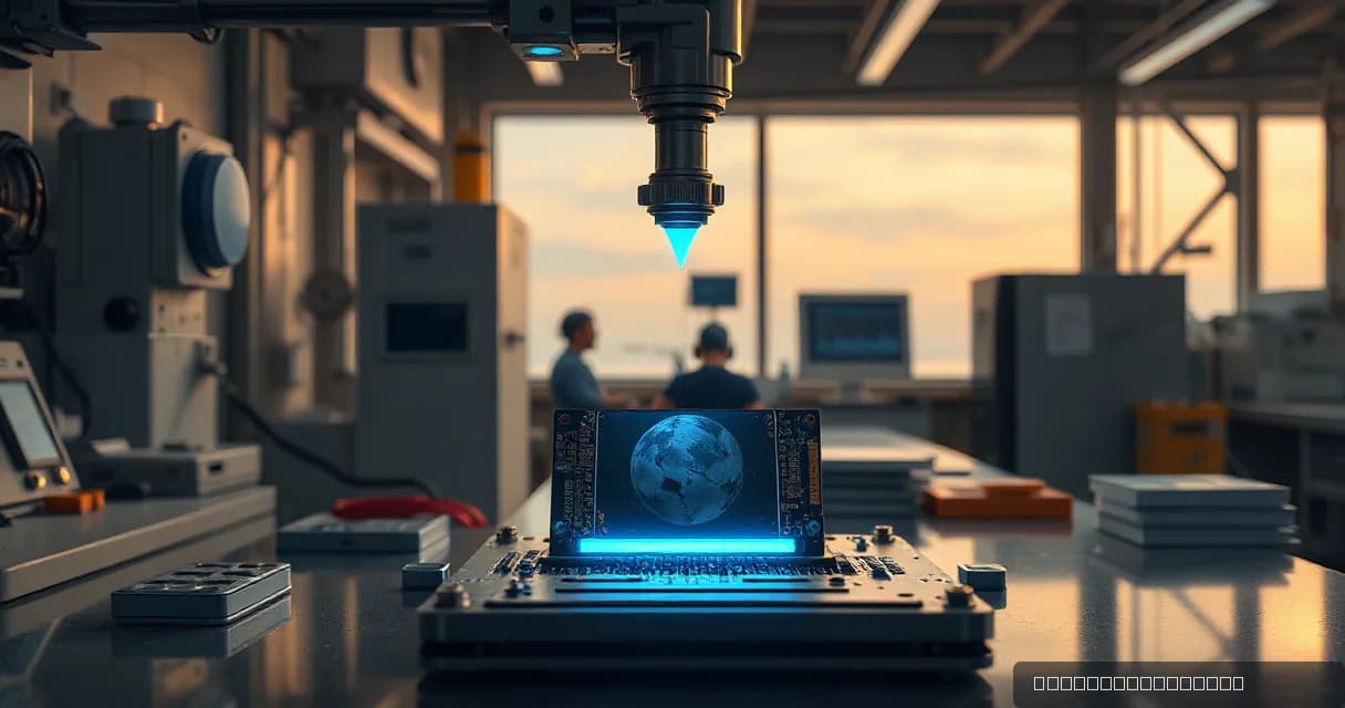 A precision facility laboratory where a mechanical service arm installs an accelerator card into a silicon wafer, symbolizing progress in AGI development. The scene uses warm concrete tones with electric-blue accents to represent technological advancement and innovation.