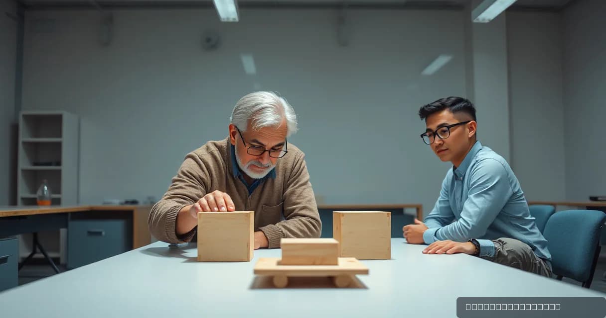 Two individuals are engaged in an activity involving wooden models at a table within a classroom setting, symbolizing new rules for content creators under digital regulation.