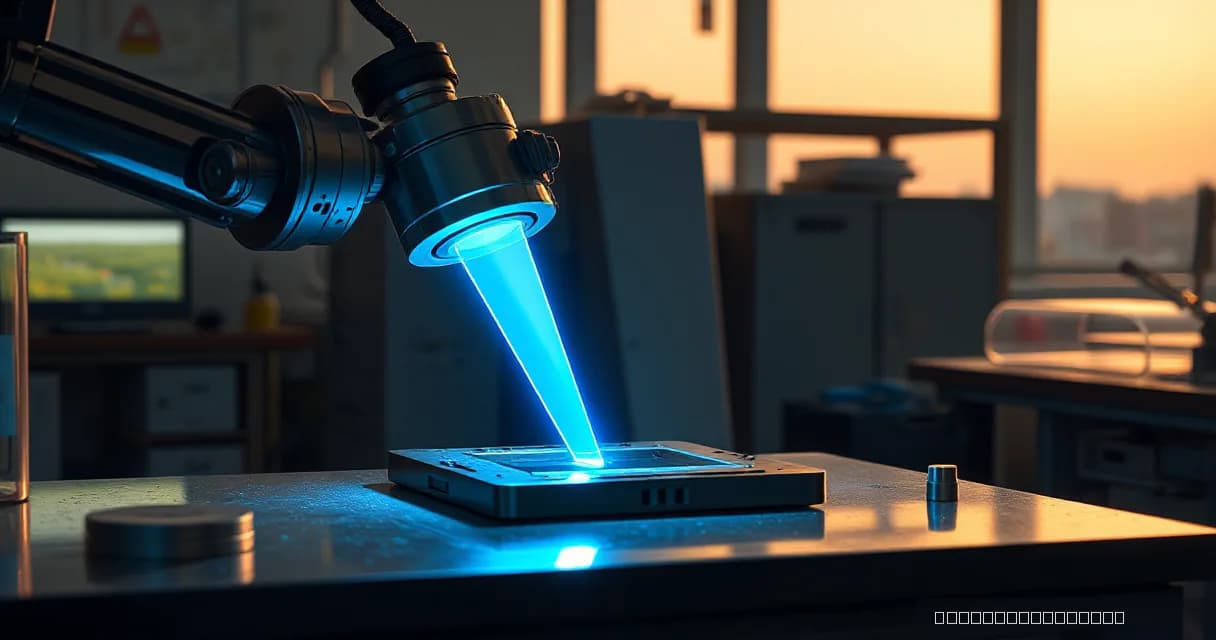 A mechanical service arm installs an accelerator onto a silicon wafer within a precision facility laboratory under late-afternoon light, symbolizing the transition of complex internal structures into open-source use.