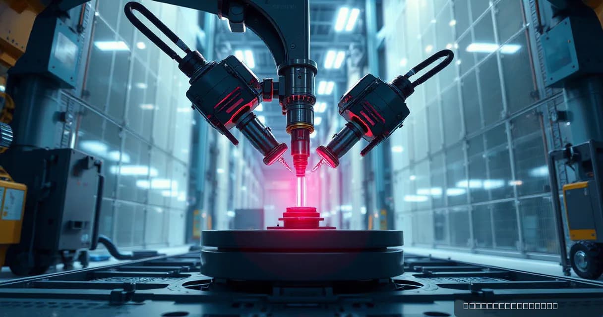 A robotic arm in a precision facility is shown in action, symbolizing advanced AI infrastructure development. The scene features industrial lighting and clean surfaces, emphasizing technological advancement and scale.