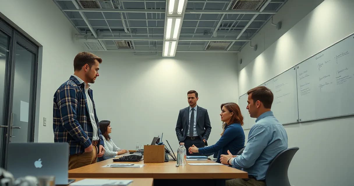 A group of professionals in a conference room are engaged in a training session led by an instructor standing at the front. A manager observes from behind as employees sit around a table, discussing and working on tasks related to software development or technology management. The setting is modern