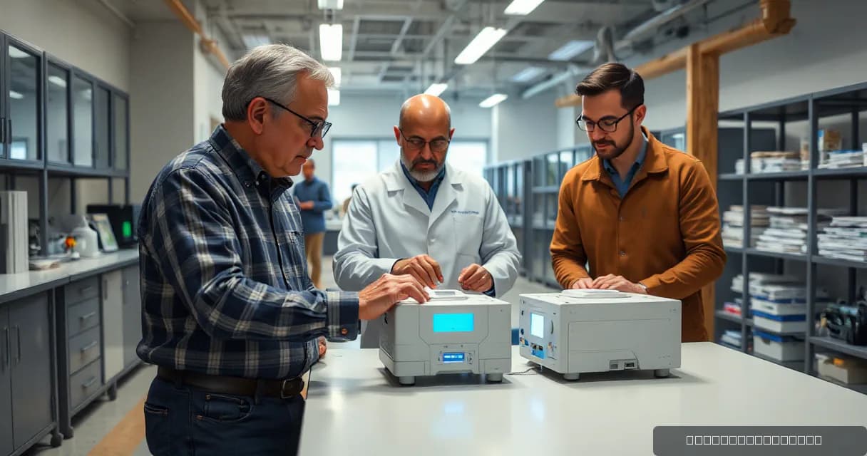 Three researchers in an academic laboratory are examining two physical models on a table, symbolizing collaboration between academia and energy strategy development.