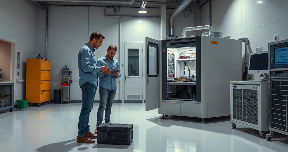 Two engineers in a laboratory setting, one holding a tablet while standing next to an open machine with visible internal components, symbolizing AI technology development and testing.
