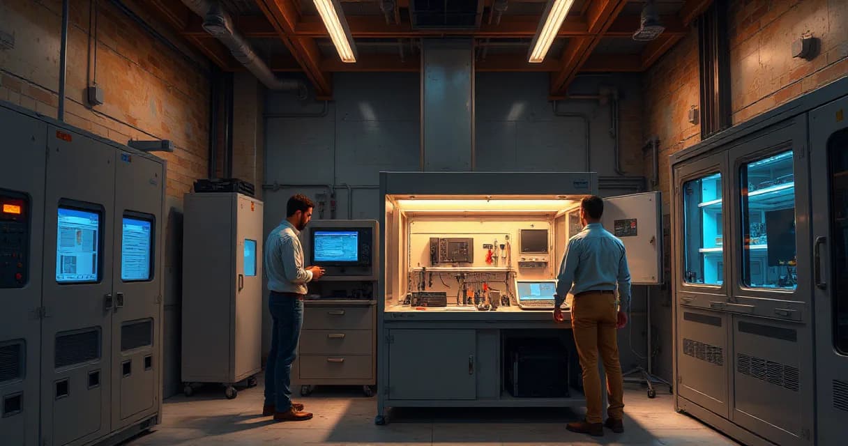 Two engineers are testing an accelerator card in an AI laboratory. The setting includes a central test bench with cooling units on either side, and the environment has a realistic scale with warm concrete tones and electric-blue accents.
