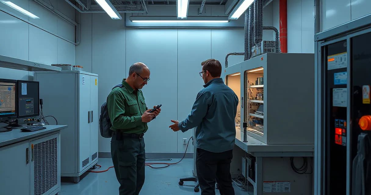 Two engineers are testing an accelerator card in an AI laboratory. One engineer holds a device while the other points towards it, symbolizing collaboration and technological advancement within a modern industrial environment.