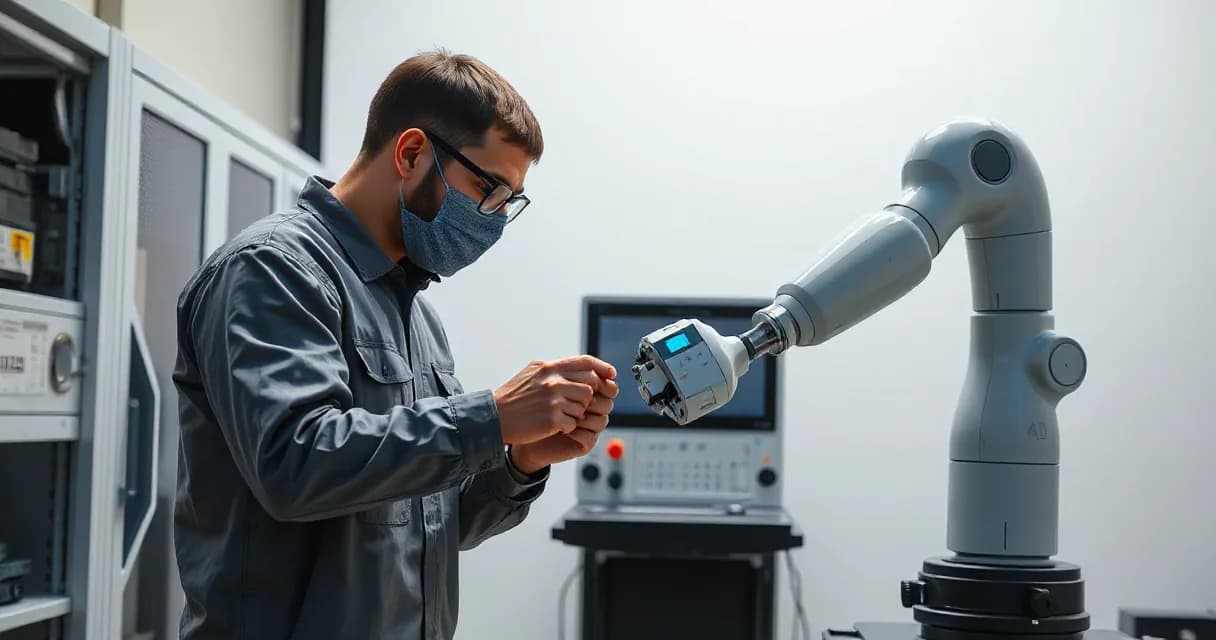 An engineer wearing a mask and glasses interacts with a robotic arm in an AI laboratory, demonstrating the integration of human expertise with advanced technology.