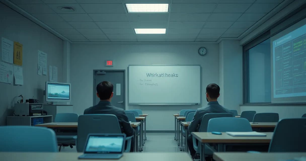 A classroom setting where two adults are seated at desks, practicing a task related to AI software or technology development. The environment is quiet and focused, with educational materials visible on the walls and a projection screen displaying technical content.