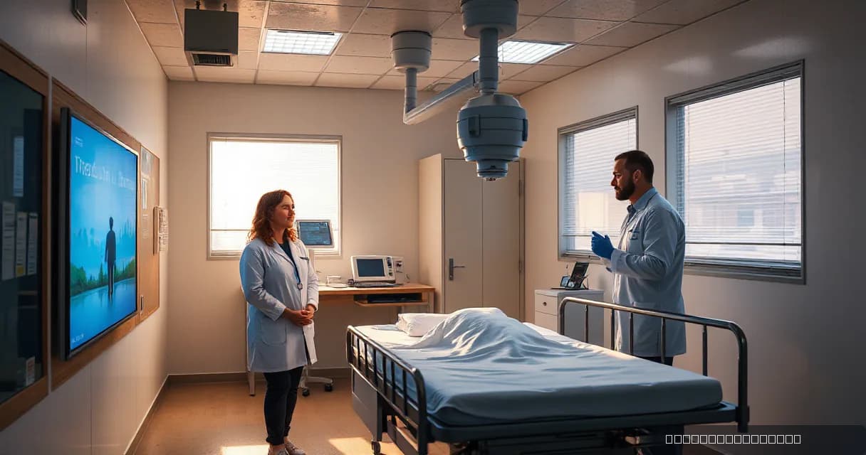 A clinical examination room where a doctor reviews a patient alongside a nurse while a technician calibrates an unmarked diagnostic camera beside the bed. The scene conveys a focus on AI software development in a real-world healthcare setting, with realistic lighting and no visible text or logos.