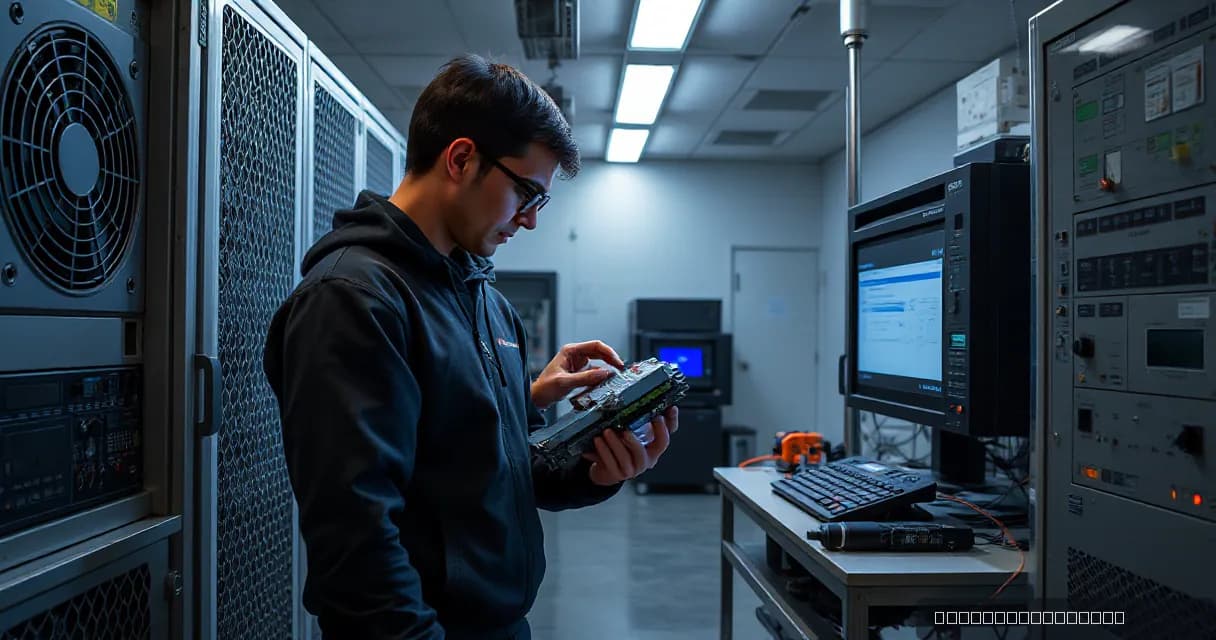 A technician in a laboratory setting replaces an accelerator card while calibrating its cooling unit, with industrial equipment and monitors visible around him.