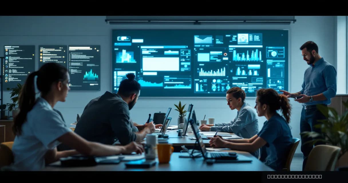 A group of individuals working collaboratively in a modern research environment with large screens displaying complex data and graphs, symbolizing advanced AI software development.